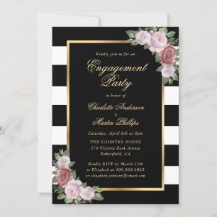 Invitation Black White Gold Blush Floral Engagement Party