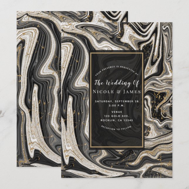 Invitation Black White & Gold Chic Swirl Mariage moderne (Devant / Derrière)