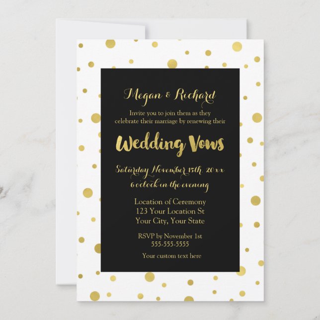 Invitation Black White Gold Confetti Vow Renouvellement Invit (Dos)