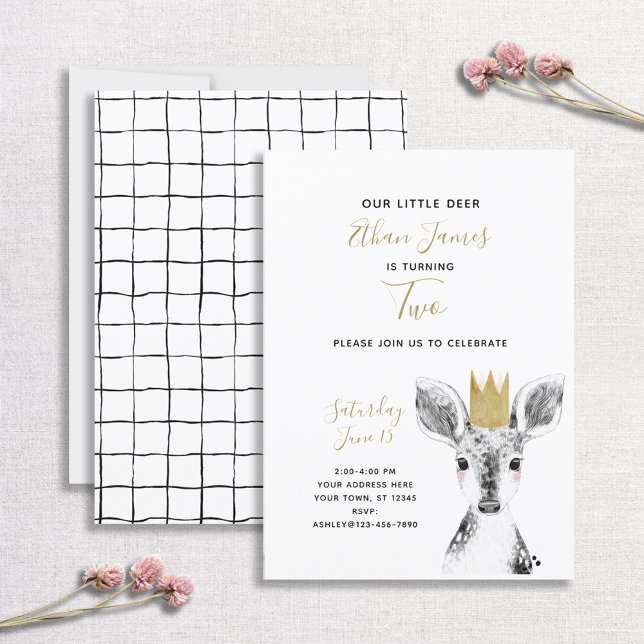 Invitation Black & White Gold Deer Baby 2e anniversaire (Créateur téléchargé)