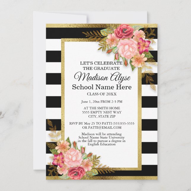 Invitation Black White Gold et Pink Floral Graduation Party (Devant)