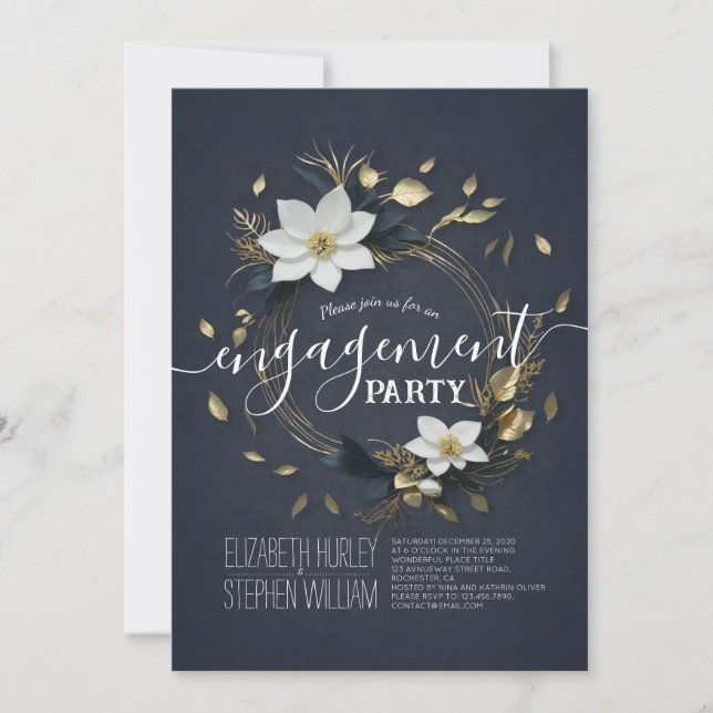 Invitation Black White & Gold Floral Mariage (Devant)