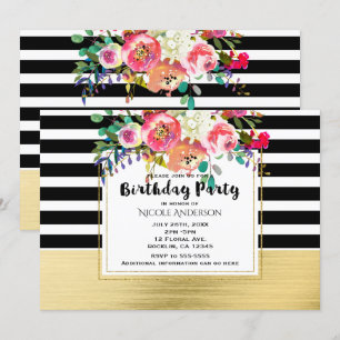 Invitation Black White Gold Floral Modern Glam