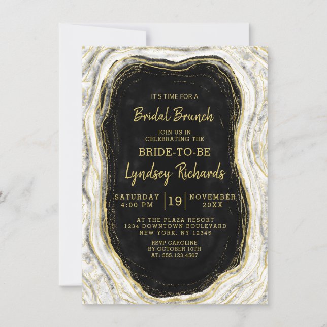 Invitation Black White & Gold Geode Bridal Brunch Douche (Devant)