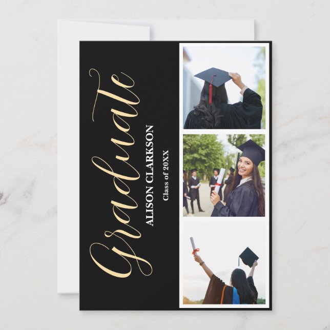 Invitation Black & White Gold Graduation 2025 3 Photos Party (Devant)