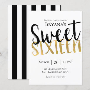 Invitation Black White Gold Modern Sweet 16 SIXTEEN Party