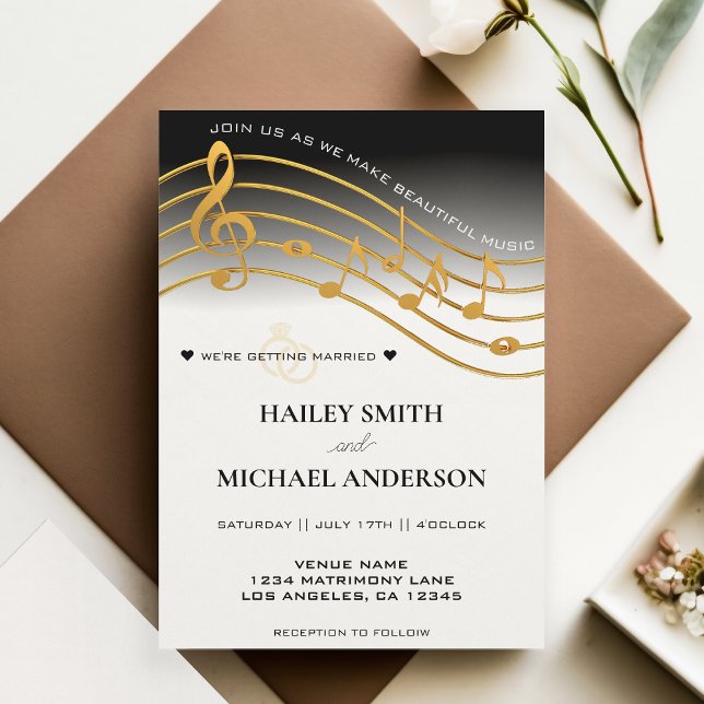 Invitation Black White & Gold Ombre Music Mariage du personne (Black White & Gold Ombre Music Staff Wedding Invitation)