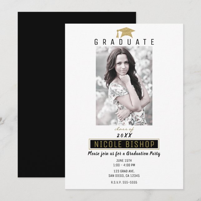 Invitation Black White Gold Photo Graduate Graduate Party (Devant / Derrière)