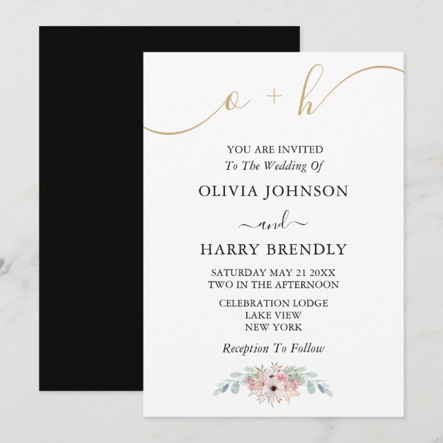 Invitation Black White Gold Rustic Eucalyptus Mariage Invitat (Devant / Derrière)