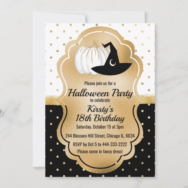 Invitation Black & White Gold Spots Halloween Anniversaire (Devant)