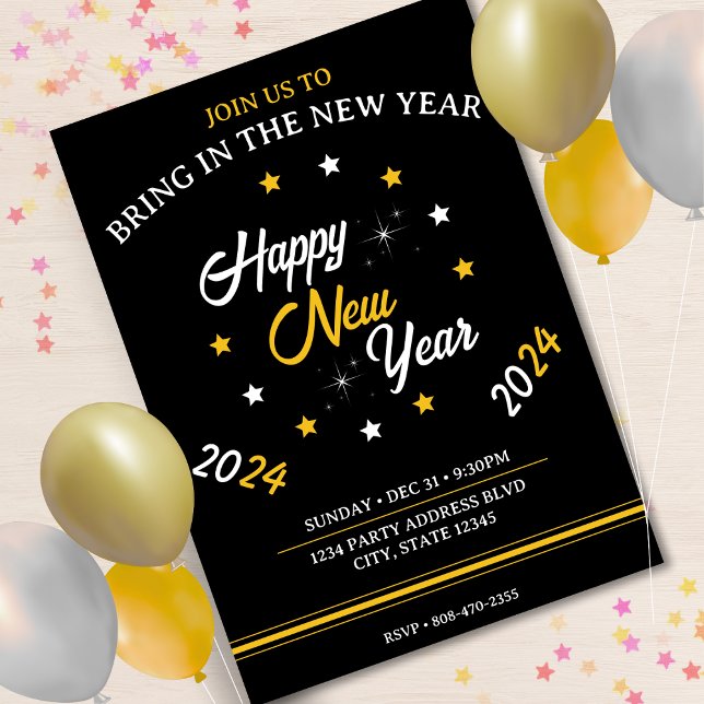 Invitation Black White & Gold Star Bonne année 2024 (Black White & Gold Star Happy New Year 2024 Invitation)