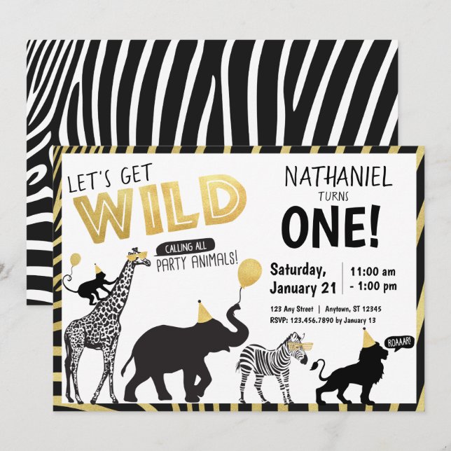 Invitation Black White Gold Wild One Party Anniversaire anima (Devant / Derrière)