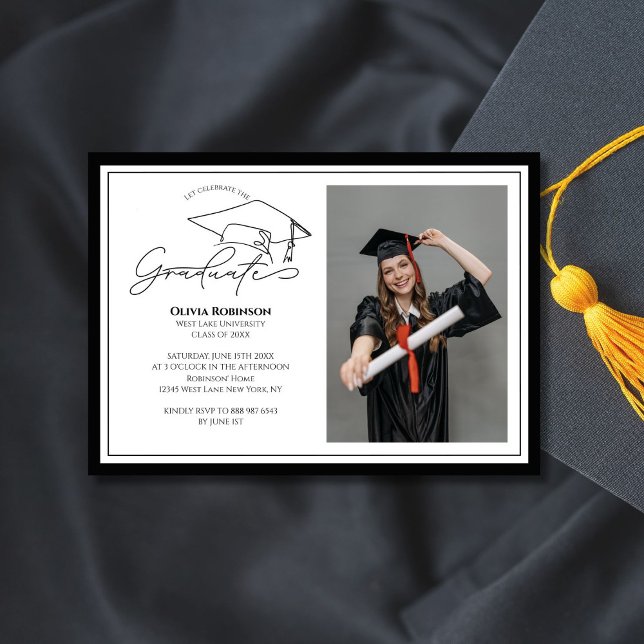 Invitation Black White Graduation cap typography photo (Créateur téléchargé)