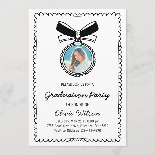 Invitation Black & White Hand Drawn Bow Graduation Party (Devant)