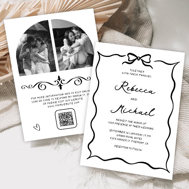 Invitation Black & White Hand Drawn Bow QR Code Photo Wedding (Créateur téléchargé)