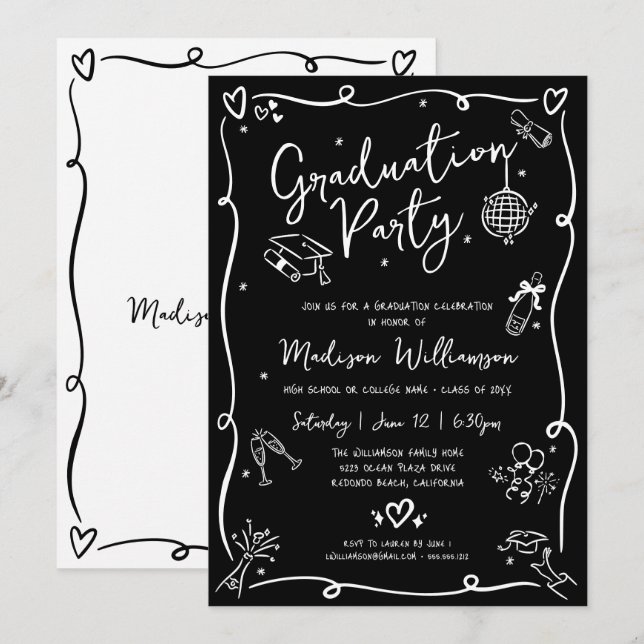 Invitation Black White Hand Drawn Doodles Graduation Party (Devant / Derrière)