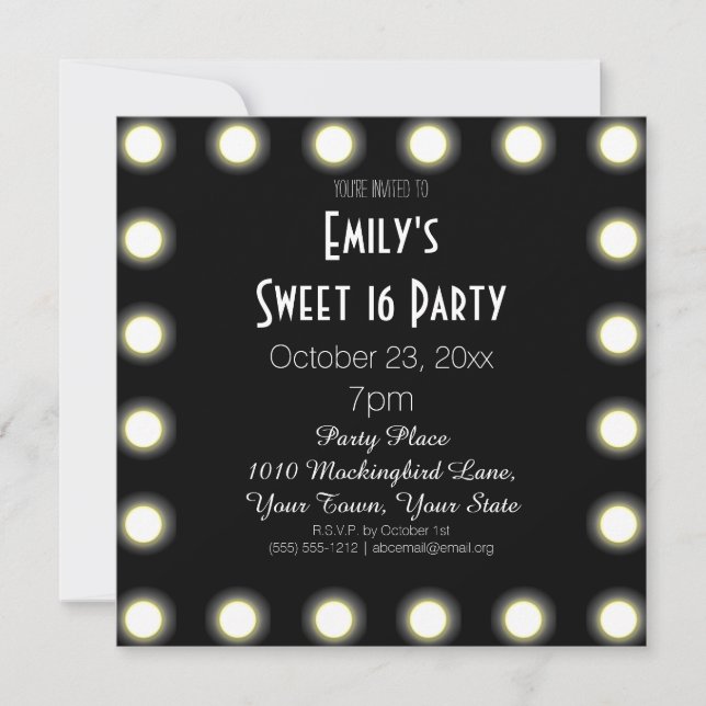Invitation Black & White Hollywood Thème Sweet 16 Anniversair (Devant)