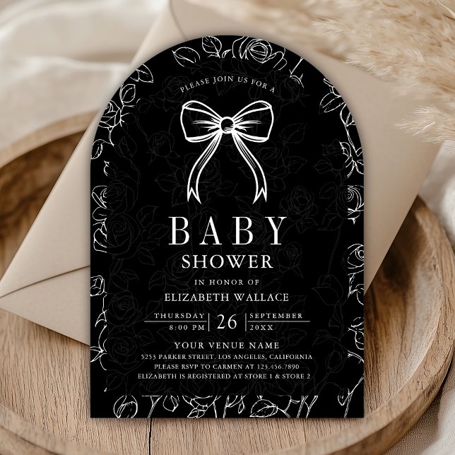 Invitation Black White Line Art Coquette Bow Baby shower (Créateur téléchargé)
