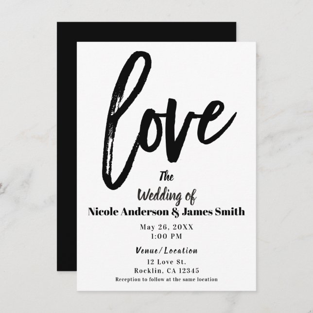 Invitation Black & White LOVE Modern Brush Mariage de script (Devant / Derrière)