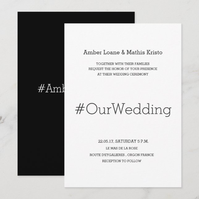 Invitation Black White Minimalist Modern Chic Mariage de hash (Devant / Derrière)