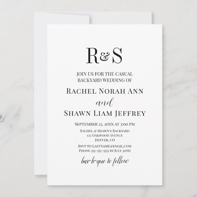 Invitation Black & White Modern Monogram Backyard Wedding (Devant)