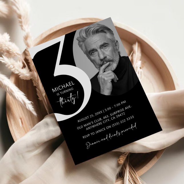 Invitation Black & White moderne 30ème Photo Anniversaire (Créateur téléchargé)