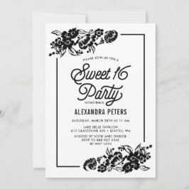 Invitation Black & White Moderne Accents Floraux Sweet sixtee
