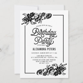 Invitation Black & White Moderne Floral Accents Anniversaire 