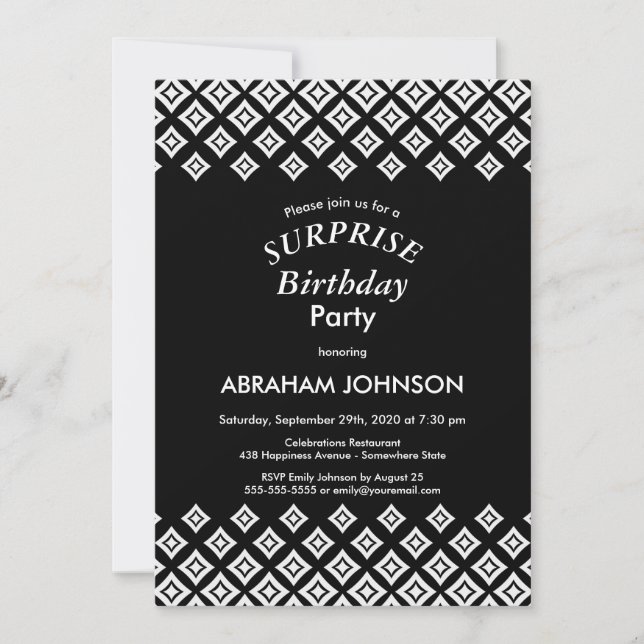 Invitation Black White Moderne Surprise fête d'anniversaire (Devant)