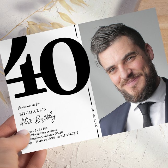 Invitation Black White Photo 40e anniversaire (Créateur téléchargé)