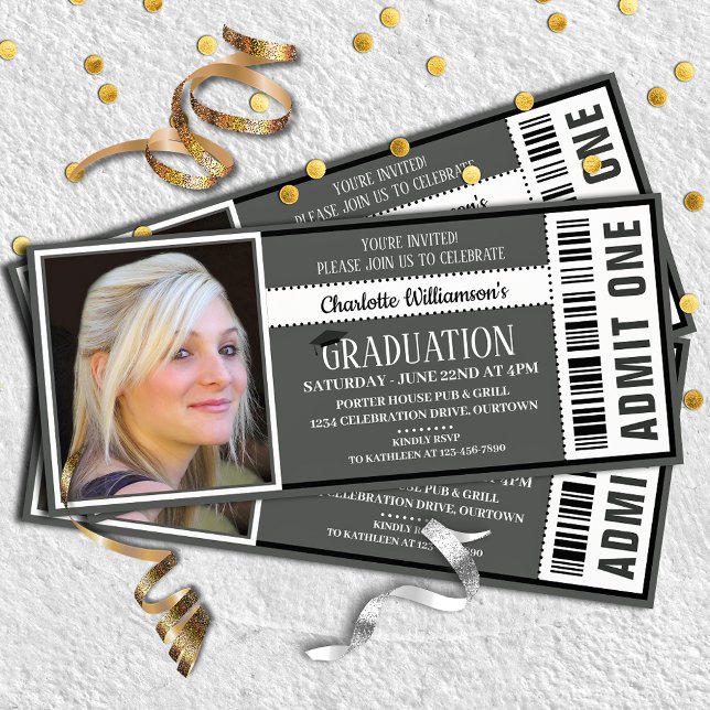 Invitation Black|White Photo Ticket Party de graduation (Créateur téléchargé)