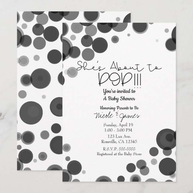 Invitation Black White Polka Dot Bubbles Elle est sur le poin (Devant / Derrière)