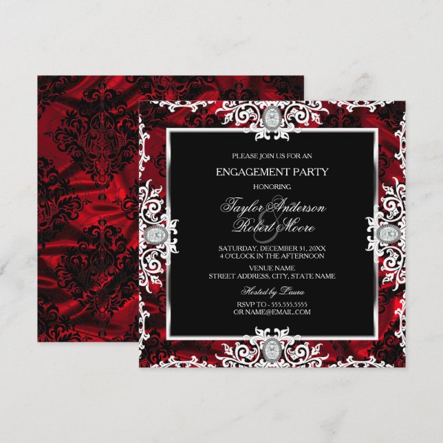 Invitation Black White Red Diamond Damask Engagement Party (Devant / Derrière)