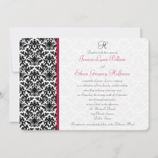 Invitation Black, White, Red Mariage damassé (Devant)