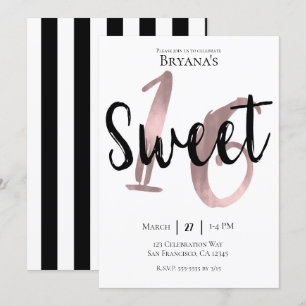 Invitation Black White Rose Gold Pink Sweet 16 Anniversaire