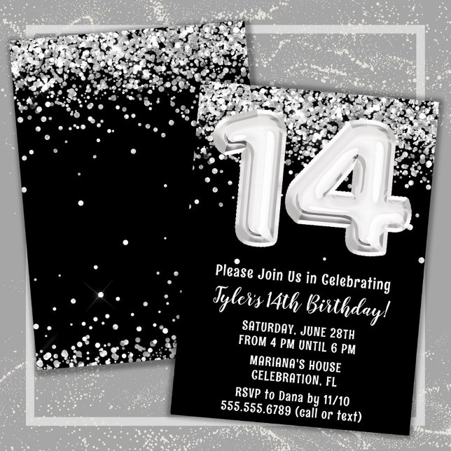 Invitation Black White Silver 14e fête d'anniversaire (Black and White 14th Birthday Party Invitation)