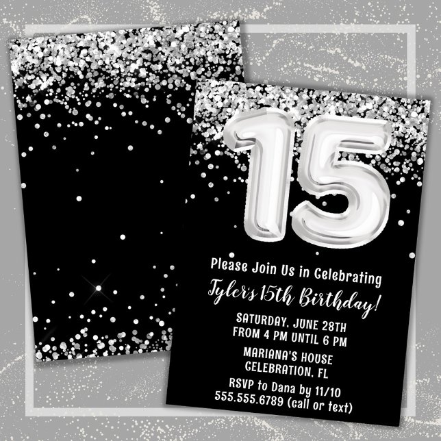 Invitation Black White Silver 15e anniversaire (Black and White 15th Birthday Party Invitation)