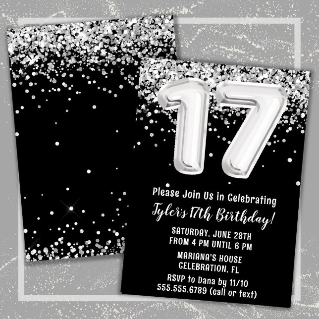 Invitation Black White Silver 17e fête d'anniversaire (Black and White 17th Birthday Party Invitation)