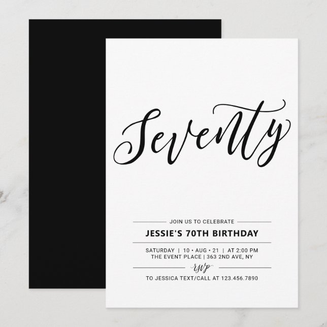 Invitation Black & White Soixante-dix minimum 70e fête d'anni (Devant / Derrière)
