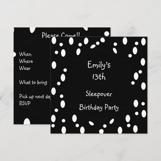 Invitation Black White Spots 13e anniversaire Sleepover (Devant / Derrière)
