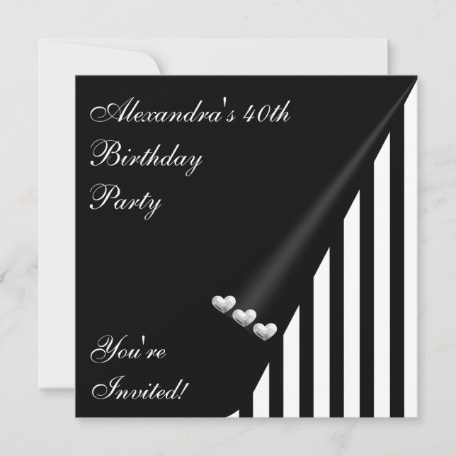 Invitation Black White Stripe 40th Birthday Event Silver Love (Devant)