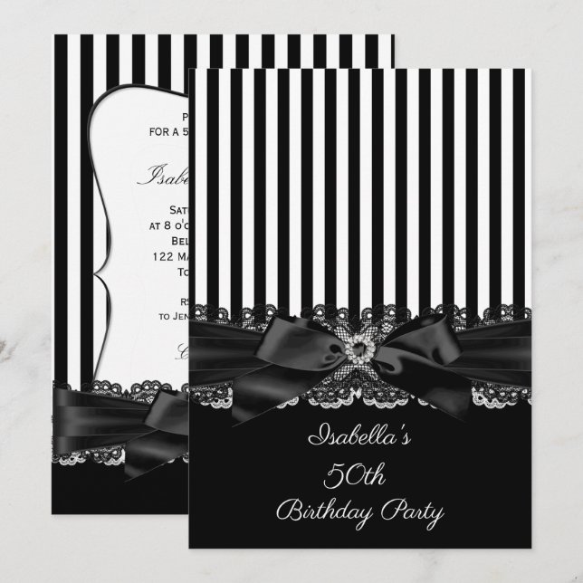 Invitation Black White Stripe Lace arc 50e anniversaire (Devant / Derrière)