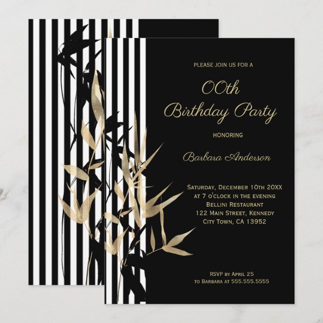 Invitation Black White Stripe Or Bamboo feuille Anniversaire (Devant / Derrière)