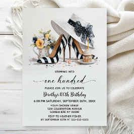 Invitation Black White Striped High Heel Shoes 100th Birthday