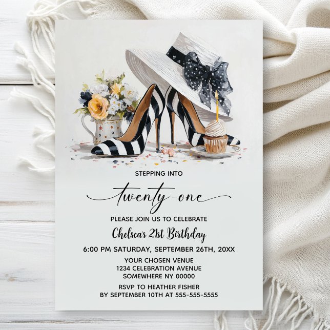 Invitation Black White Striped High Heel Shoes 21st Birthday (Créateur téléchargé)