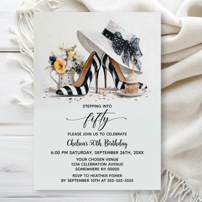 Invitation Black White Striped High Heel Shoes 50th Birthday (Créateur téléchargé)