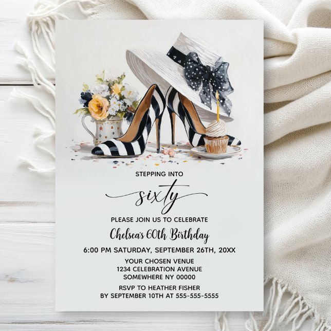 Invitation Black White Striped High Heel Shoes 60th Birthday (Créateur téléchargé)