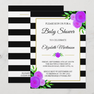 Invitation Black White Stripes Aquarelle Baby shower Floral