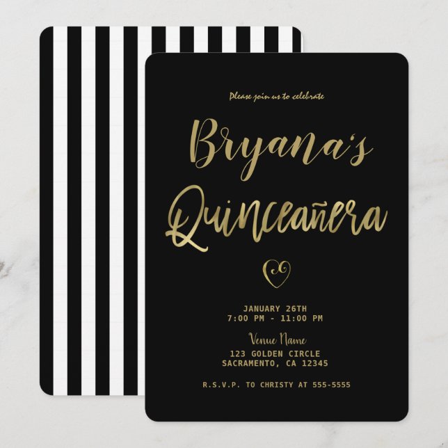 Invitation Black & White Stripes Gold Chic 15 Quinceañera (Devant / Derrière)