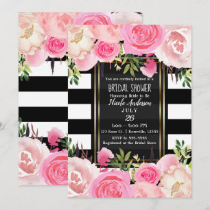 Invitation Black White Stripes Gold Pink FlorFête de l'mariée